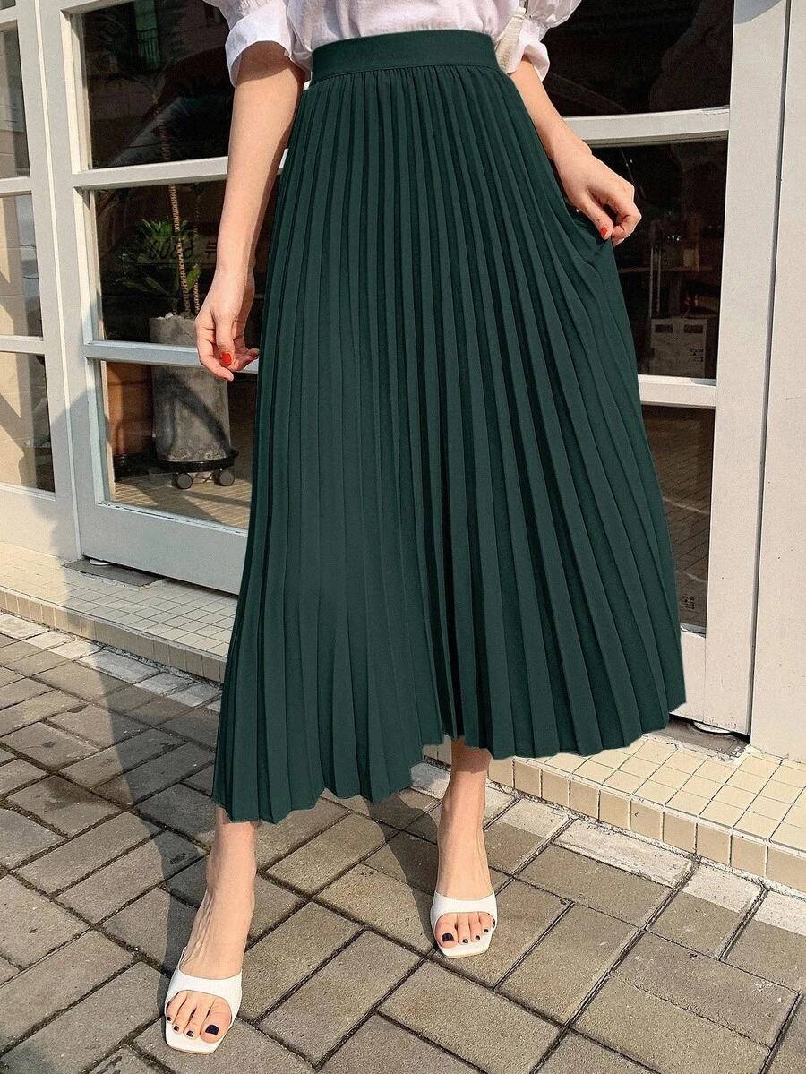 DAZY 秋季高腰深綠色百褶飄逸顯瘦中長裙,優雅度假通勤日常女裙 - 綠色 - 查看 1
