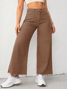 SHEIN CURVE+ بنطلون جينز مقاس كبير مغسول بلون موحد - بني - مشاهدة 1