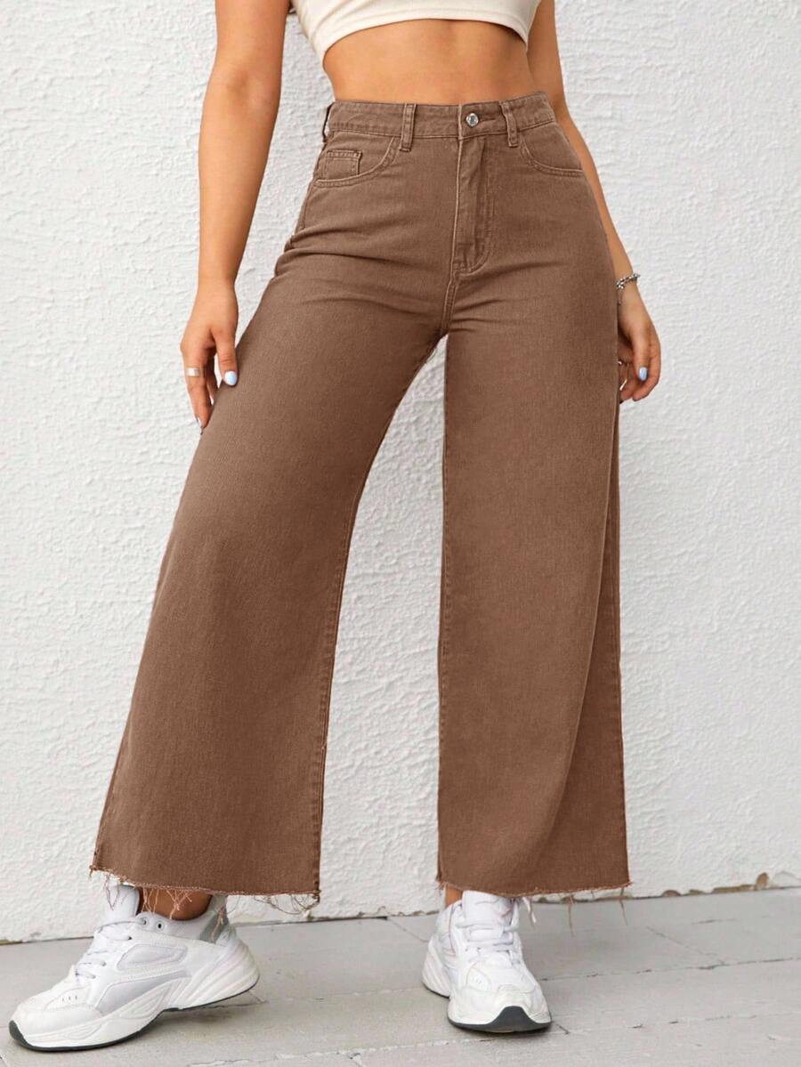 SHEIN CURVE+ بنطلون جينز مقاس كبير مغسول بلون موحد - بني - مشاهدة 1