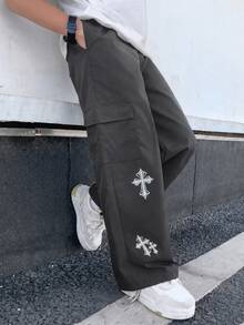 SHEIN Little Byeori 兒童青少年男孩休閒日常舒適工裝直筒寬鬆長褲，灰色工裝褲，新年，六七歲，適合外出、約會、上學，春夏秋冬四季皆宜 - 灰色 - 查看 4