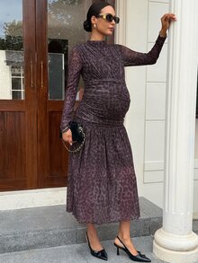 MaterniWear Maternity Leopard Print Round Neck Long Sleeve Ruched Elegant Dress - Purple - View 4