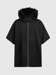 ROMWE MEN Men's Solid Color Zipper Front Pocket Patchwork Fur Hooded Cape Jacket - Black - View 1
