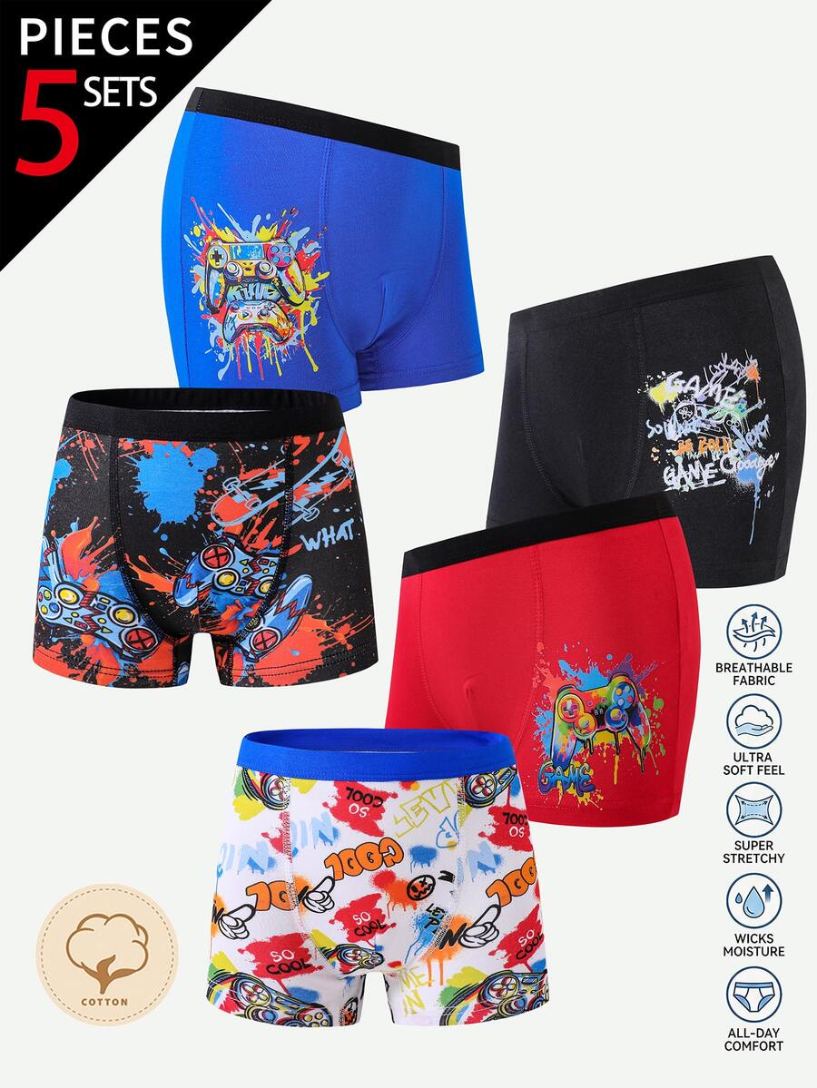 SHEIN 5pcs Boys All Season Cotton Comfortable Cute Colorful Multi-Pattern Game Console & Game Controller Print Boxer Briefs - Multicolor - View 1