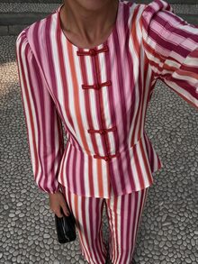 Flora Isola Flora Isola Women's 2pcs Set: Pink Chinese Style Frog Button Striped Shirt + Long Pants, Vacation Casual - Pink - View 5