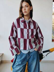 Nöista Chaqueta de mezclilla con cierre de botones delantero y cuello estampado - Burdeos - Ver 4
