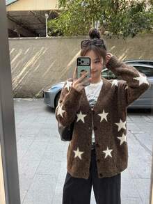 DAZY Cardigan Kasual Longgar Leher V Motif Bintang untuk Wanita - Coklat - View 5