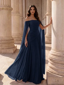 Coutiva Women's Cold Shoulder Pleated Elegant Formal Graduation Evening Gown Opening Ceremony, Birthday Party, Wedding, Prom Navy Blue Fall - Navy Blue - View 2