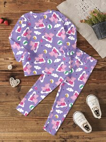Peppa Pig X SHEIN طقم ملابس كاجوال للبنات الصغيرات: سويت شيرت بأكمام طويلة وطبعة كرتونية شاملة مع بنطال متناسق - أبيض - مشاهدة 2