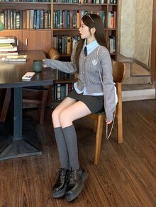DAZY American Style Grey Long Sleeve Knit Sweater & Bodycon Skirt Set, College Style Outfit For - Grey - View 5