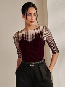 Anewsta French Style Spring/Summer Elegant Sophisticated Sexy Hollow Mesh Fitted Knit T-Shirt - Redwood - View 1