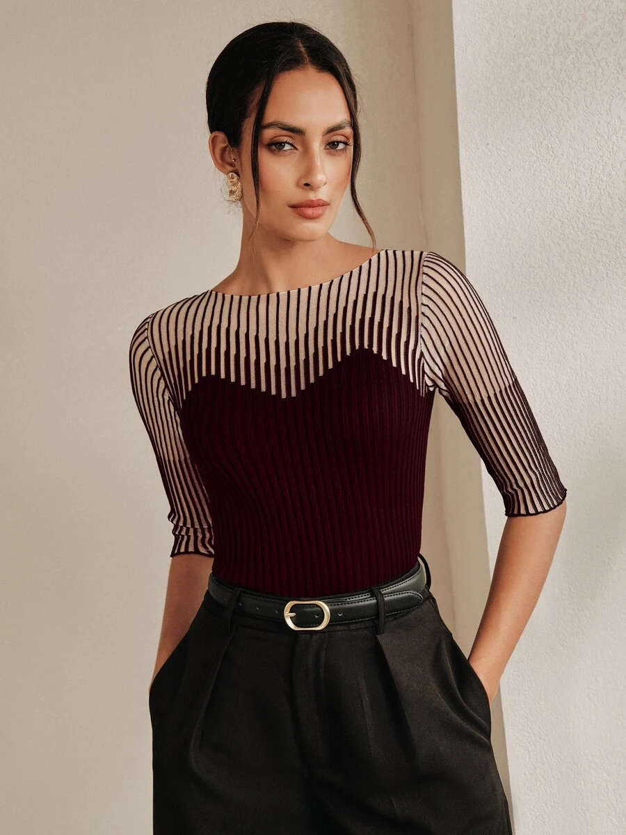 Anewsta French Style Spring/Summer Elegant Sophisticated Sexy Hollow Mesh Fitted Knit T-Shirt - Redwood - View 1
