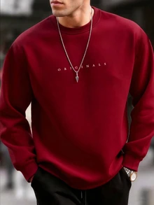 SHEIN 青少年男孩休閒字母印花紅色圓領運動衫，適合秋季、冬季、聖誕節和返校季節 - 紅色 - 查看 6