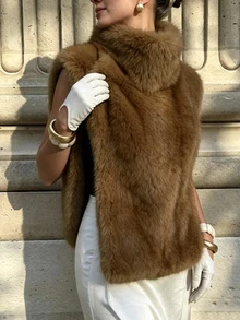 Pariaura New Winter Sleeveless Slimming Faux Fur Coat For Women - Brown - View 7