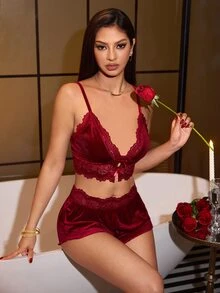 SilkySpell Lace Trim Patchwork Korean Velvet Bow Decor Sexy Camisole Top And Shorts Pajama Set - Burgundy - View 6