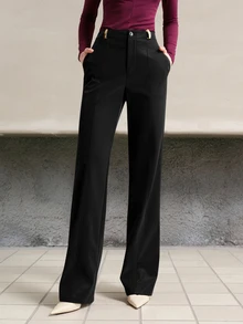 MOTF PREMIUM Celana Panjang Wanita Model Lurus dengan Dekorasi Logam dan Bahan PU, Musim Gugur/Musim Dingin - Hitam - View 5