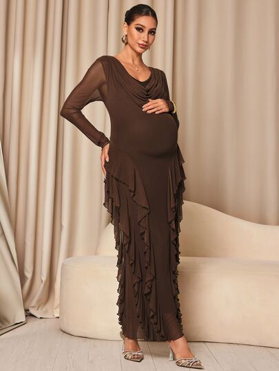 MaterniChic Maternity Solid Color Ruffle Hem Casual Party Dress