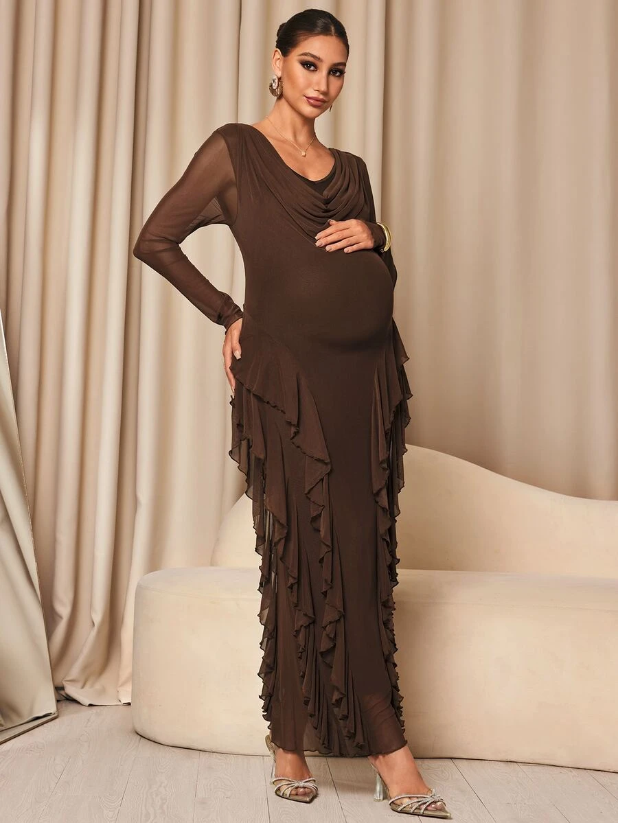 MaterniChic Maternity Solid Color Ruffle Hem Casual Party Dress - Coffee - View 1