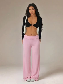 SHEIN PETITE 黑色高腰寬腿寬鬆休閒長褲 - 粉色 - 查看 5