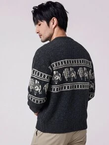 Manfinity Homme 男士圓領懶人長袖套頭毛衣，休閒提花秋冬服飾，黑色寬鬆時尚日常穿搭百搭動物圖案套頭毛衣 - 深灰色 - 查看 2