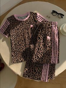 SHEIN EZwear Autumn/Winter New 2-Piece Set Leopard Print Contrast Color Striped Crew Neck Short Sleeve Top And Striped Print Pants, Casual - Multicolor - View 4