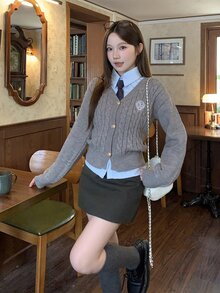 DAZY American Style Grey Long Sleeve Knit Sweater & Bodycon Skirt Set, College Style Outfit For - Grey - View 3