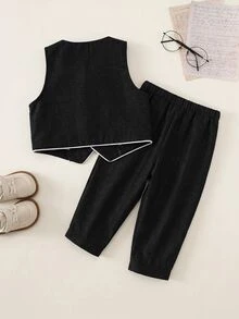 SHEIN 男嬰 2件組 春夏秋冬時尚可愛卡其色紳士西裝套裝，嬰兒西裝，嬰兒洗禮，優雅，婚禮賓客，花童，戒童，婚禮，柔軟舒適 - 黑色 - 查看 2
