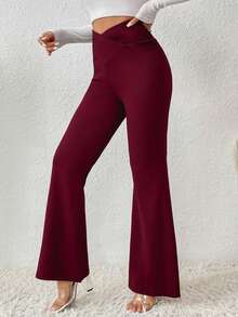 SHEIN LUNE 2025新款女式休閒通勤度假節日不對稱腰線顯瘦喇叭褲 素色 - 酒紅色 - 查看 6