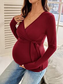 SHEIN 女款 V 領長袖極簡哺乳上衣 - 酒紅色 - 查看 5