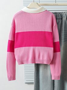 女款寬鬆毛衣，秋冬服飾，時尚休閒美式街頭風，新款秋冬拼色條紋 Polo 領套頭毛衣，細緻紋理，舒適，適合萬聖節、學校、派對、日常穿著 - 彩色 - 查看 2