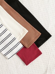 SHEIN Playful Pals 5件裝男嬰可愛連身衣，酒紅、黑、棕、白條紋，肩開襟長袖圓領，休閒基本款，適合假日、萬聖節、秋季穿著 - 彩色 - 查看 5