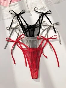 PetitDoll 女款唇形提花網紗內衣套裝，附綁帶丁字褲，6件組 - 彩色 - 查看 3