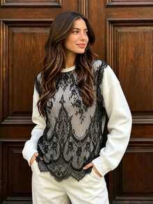 Anewsta Women's Lace Patchwork Casual Daily Long Sleeve Sweatshirt - White - View 6
