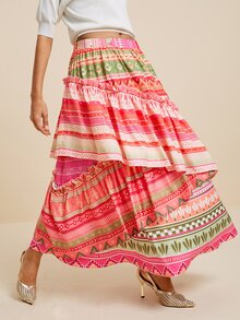 LOTSLUV Women's Autumn Elegant Commute Outfit, Colorful Striped Contrast Patchwork Multi-Layer Ruffle Hem, Silhouette Print Skirt - Multicolor - View 1