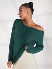 SHEIN BASICS 女款素色落肩針織衫，深秋休閒不對稱長袖寬鬆冬季上衣 - 墨綠色 - 查看 3