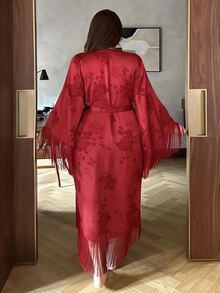 Dazy Plus Autumn New Vacation Charm Jacquard Satin Tassel Decor Robe - Burgundy - View 2