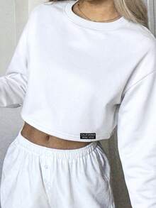 CovetEZ Casual Minimalist Graphic Print Crew Neck Long Sleeve Loose Short Sweatshirt For Women, Suitable For Autumn/Winter Home Leisure - White - View 4