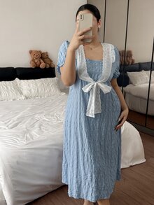 Napfluff CURVE Napfluff CURVE Contrast Trim Front Tie Neck Jacquard Short Sleeve Loose Plus Size Women's Nightgown - Blue - View 1