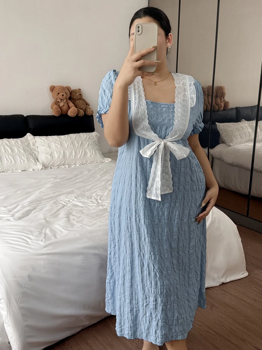 Napfluff CURVE Napfluff CURVE Contrast Trim Front Tie Neck Jacquard Short Sleeve Loose Plus Size Women's Nightgown - Blue - View 1