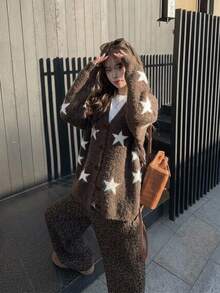 DAZY Cardigan Kasual Longgar Leher V Motif Bintang untuk Wanita - Coklat - View 2