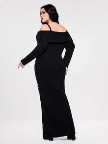 ROMWE Plus Size Gothic Dark Distressed Fitted Cold Shoulder Sweater Dress - Black - View 7