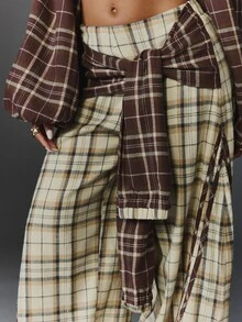 NYA SZN Pant Tie Button Up Plaid Stripe Holiday Festival Special Occasion Everyday Casual Work Concert Going Out Club Cozy Party Brown Neutral Fall Winter - Brown - View 4