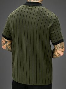 SLATEMANN 男士條紋短袖休閒通勤 Polo 衫 - 軍綠色 - 查看 2