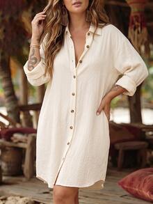 SHEIN LUNE Women's Autumn/Winter New Hot-Selling Casual Versatile Shirt Dress Plus Size - Apricot - View 4