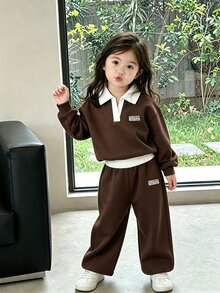 Baby Girl Casual Preppy 2 Pieces Set, Autumn Minimalist Brown Long Sleeve Polo Collar Top & Wide Leg - Brown - View 3