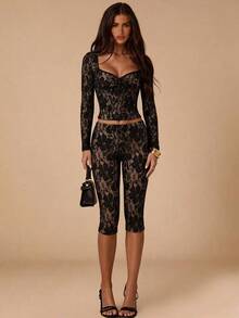 SHEIN BAE Autumn/Winter Solid Color Square Neck Long Sleeve Women's Lace Top & Lace Pants 2 Pieces Set, Elegant Outfit - Black - View 6