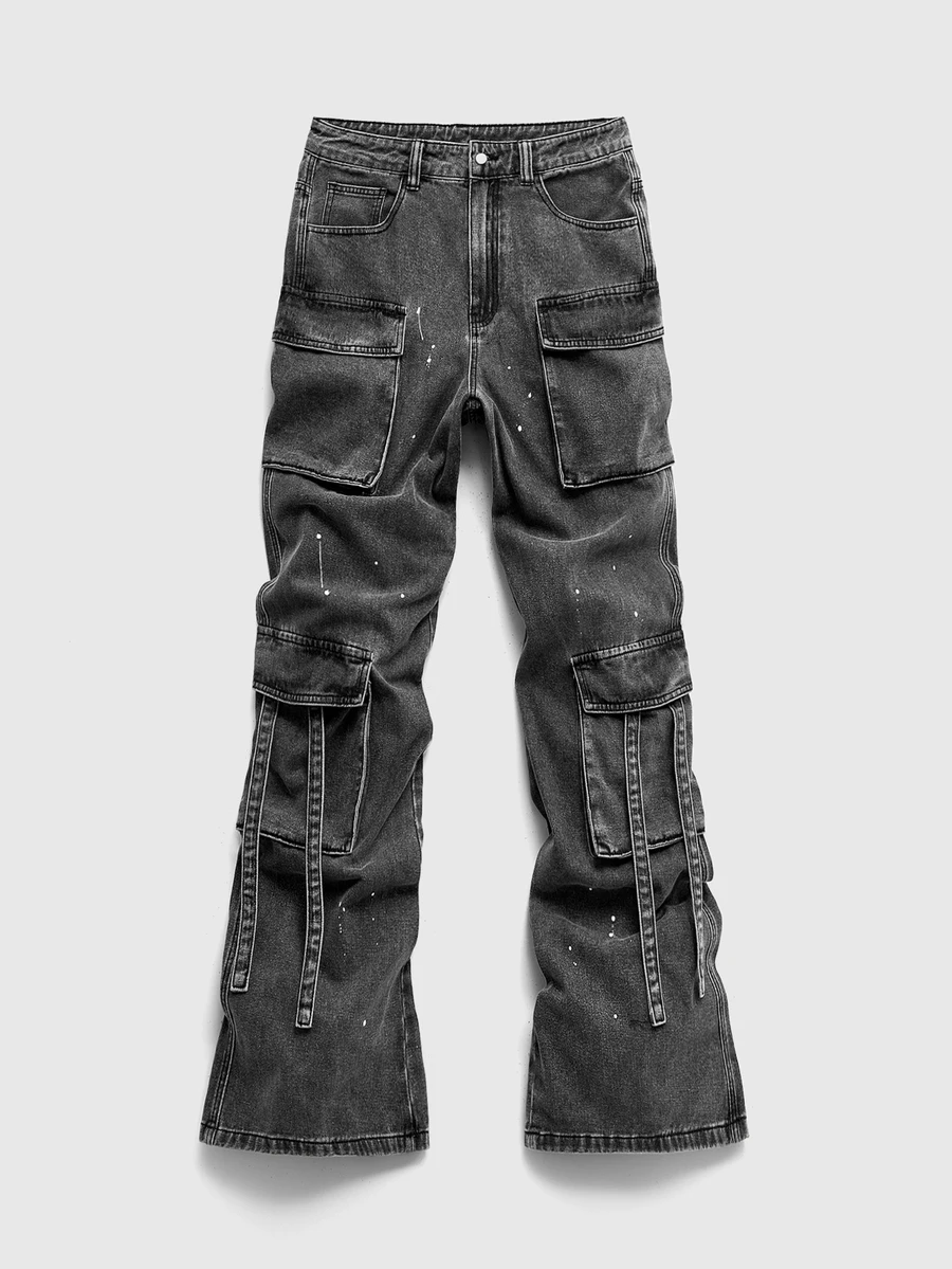ROMWE MEN Street Life Men's Vintage Distressed Washed Flared Jeans, American High Street Multi-Layer 3D Pocket With Ribbon Design, Hip-Hop Street Style, Casual Everyday Wear, Versatile Matching With Various Tops And Shoes - Grey - View 1