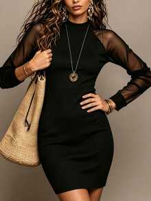 LUMIGAL Vestido de moda ajustado de manga larga con malla de contraste de unicolor para mujer - Negro - Ver 1