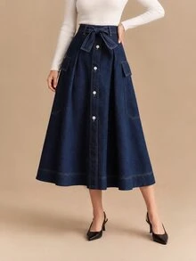 CielaLinda Women's Bow Button A-Line Denim Skirt, Flared Denim Midi Skirt, High-Waisted Jean Skirt - Blue - View 6