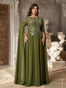 Aureia Plus Size Elegant Luxurious Beaded Embroidered Burnout Craft Floating Petal Ruched A-Line Heavy Work Evening Gown Suitable For All Formal Occasions - Green - View 7
