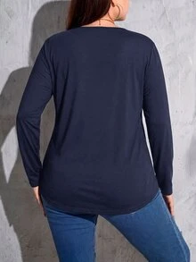 SHEIN Essnce 大尺碼女款純色時尚極簡長袖T恤 秋季 - 藏蓝色 - 查看 2